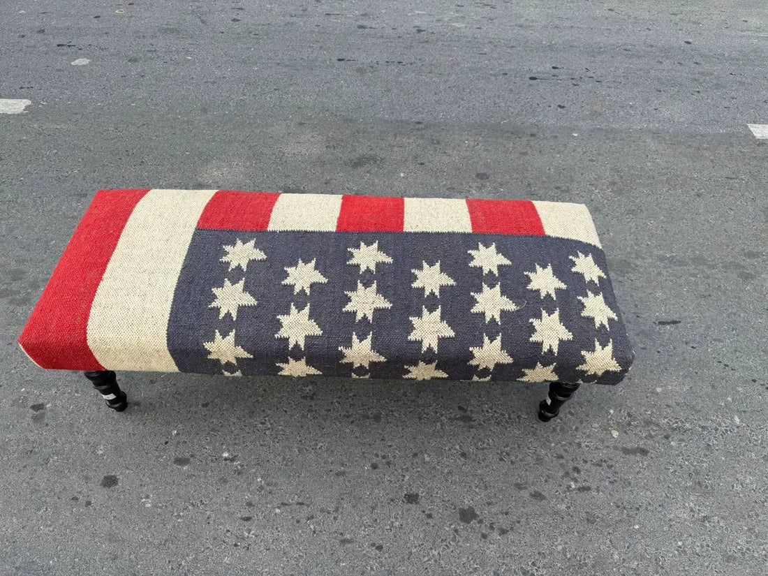 Kilim Wooden Ottoman Bench – Wool Jute Upholstered Handmade Seat