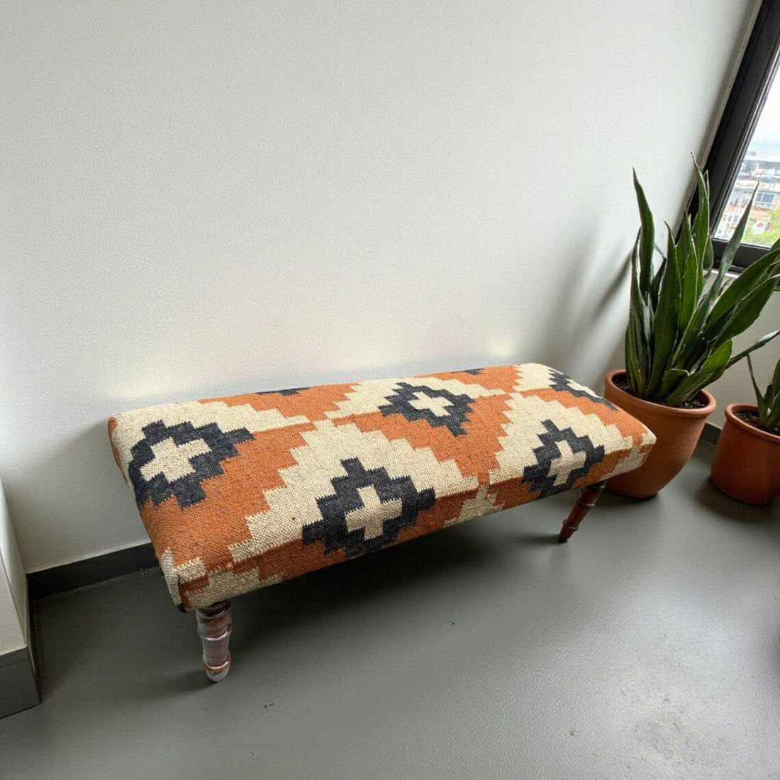 Handmade Kilim Entryway Bench — Wool-Jute Upholstered Wooden Ottoman Seat