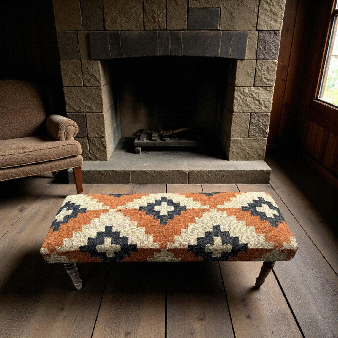 Handmade Kilim Entryway Bench — Wool-Jute Upholstered Wooden Ottoman Seat