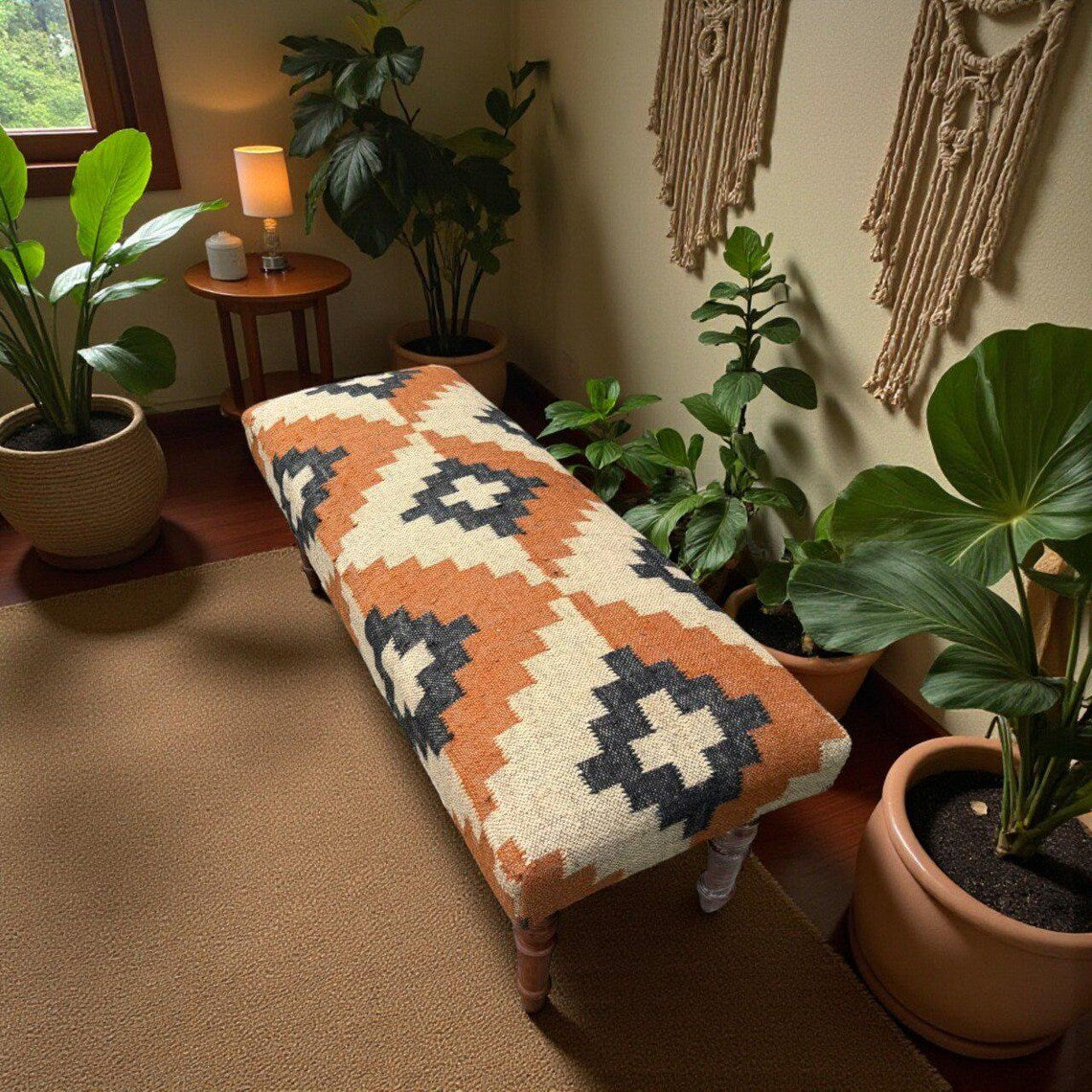 Handmade Kilim Entryway Bench — Wool-Jute Upholstered Wooden Ottoman Seat