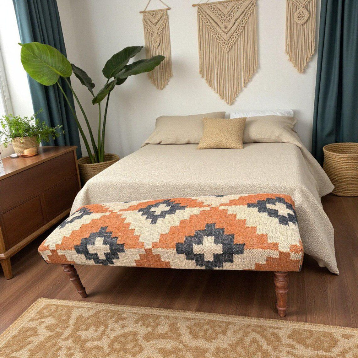 Handmade Kilim Entryway Bench — Wool-Jute Upholstered Wooden Ottoman Seat