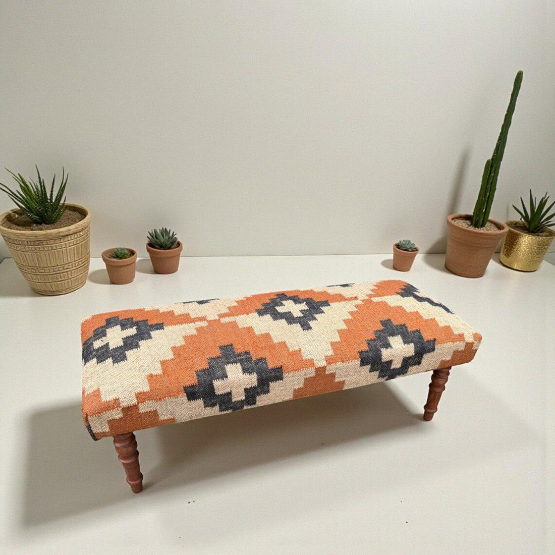 Handmade Kilim Entryway Bench — Wool-Jute Upholstered Wooden Ottoman Seat