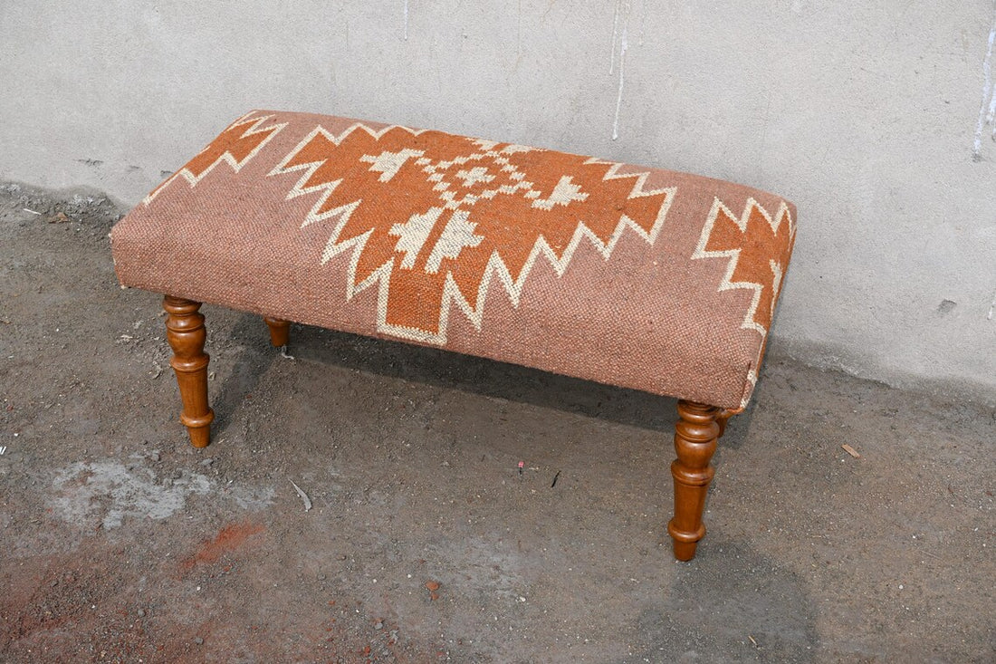 Handmade Kilim Ottoman Bench, Wool Jute Upholstered Wooden Seat, Rustic Ethnic Footstool