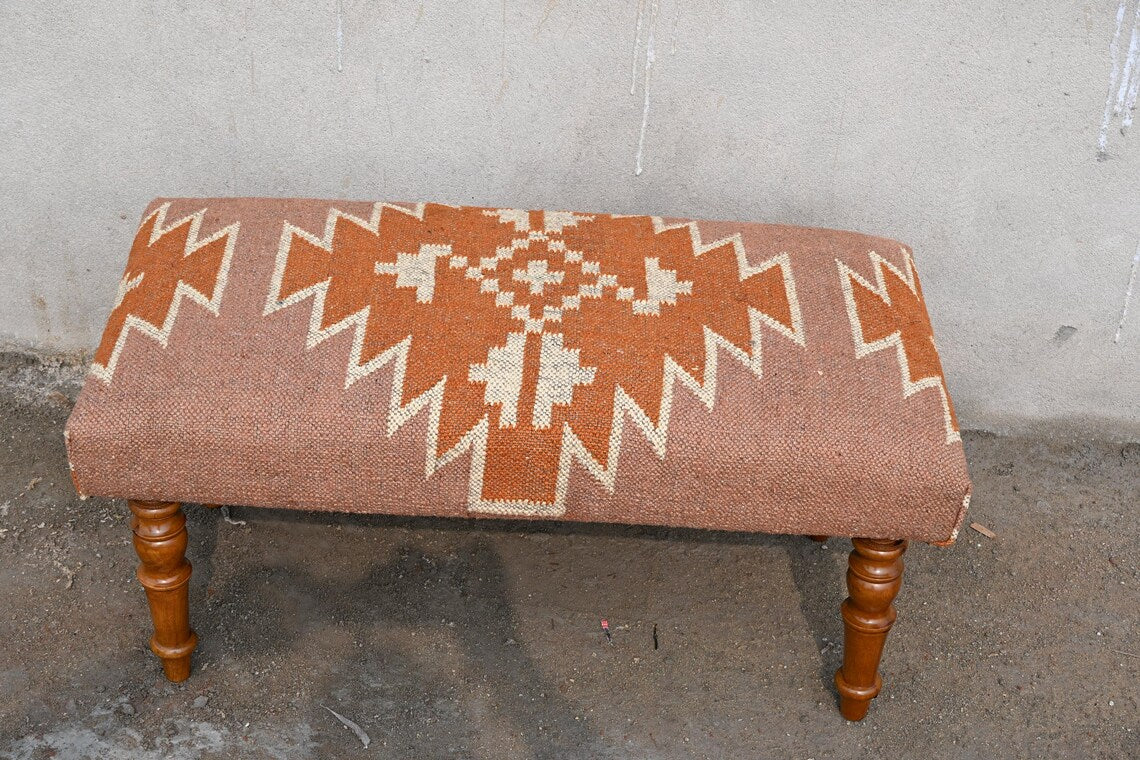 Handmade Kilim Ottoman Bench, Wool Jute Upholstered Wooden Seat, Rustic Ethnic Footstool