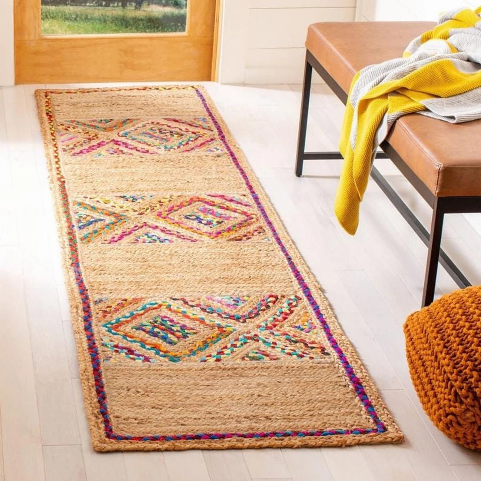 Handwoven Jute Runner Rug – Colorful Braided Chindi Rag