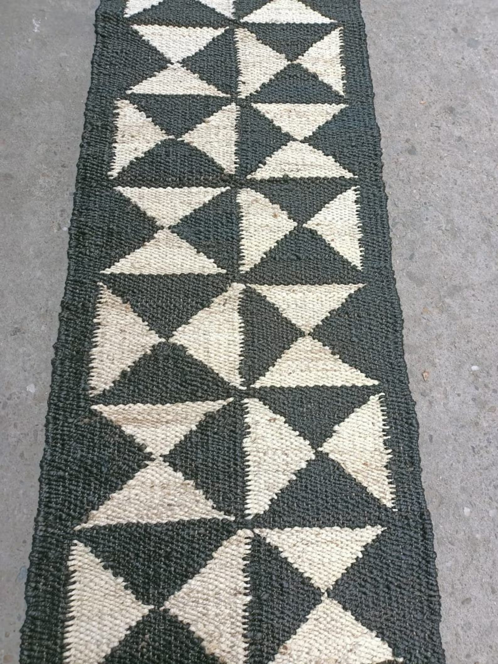 Handmade Black & White Jute Runner Rug for Boho Hallway Interiors