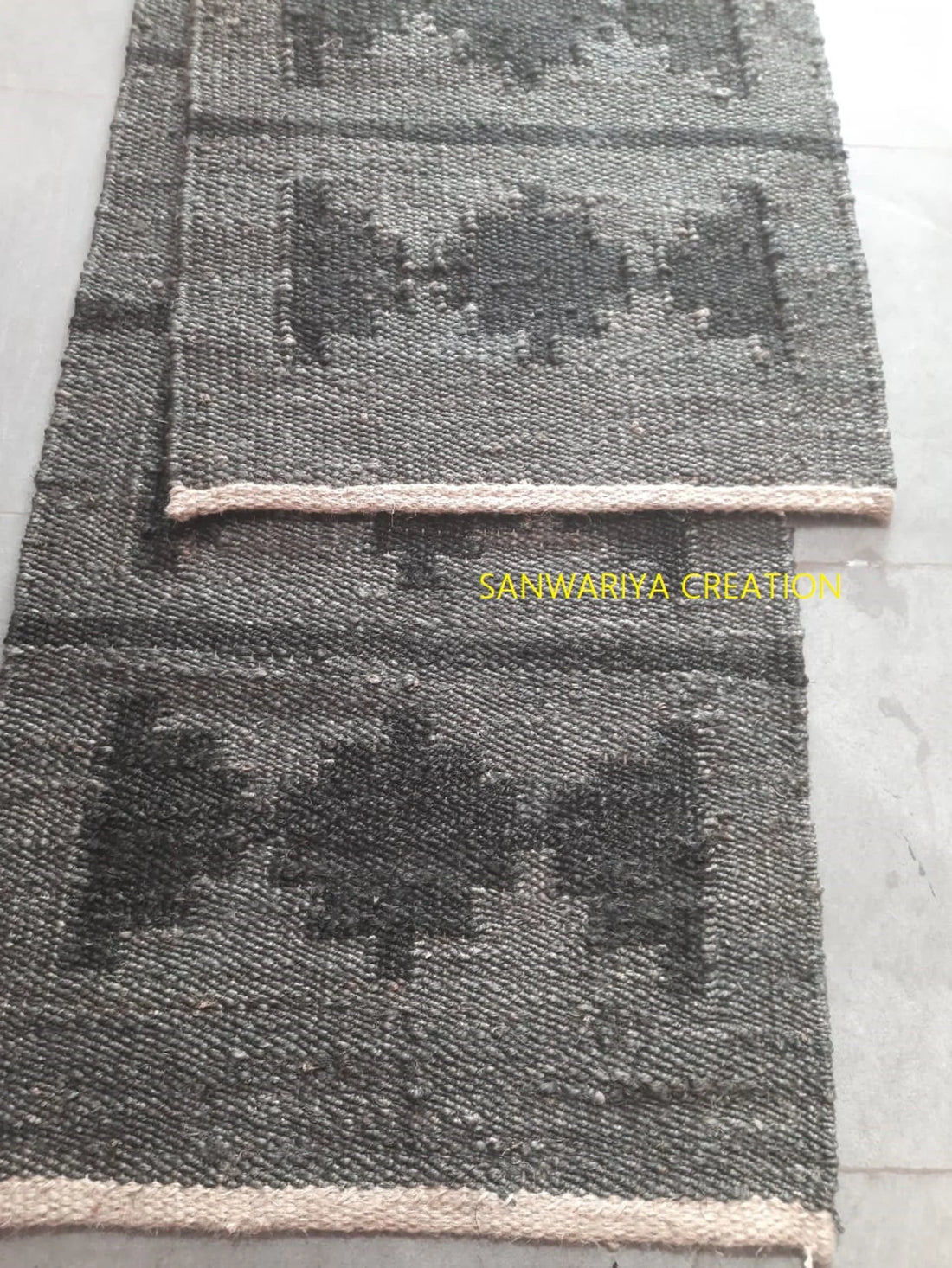 Handwoven Jute Runner Rug – Grey & Black Hemp Carpet