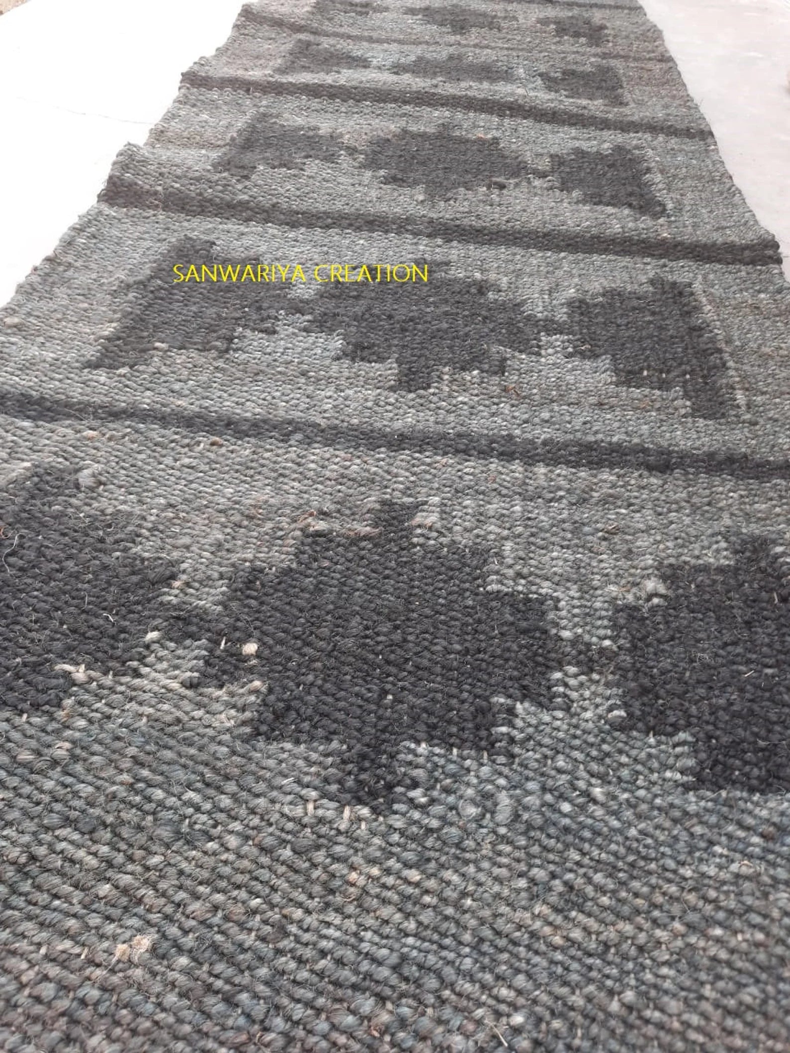 Handwoven Jute Runner Rug – Grey & Black Hemp Carpet