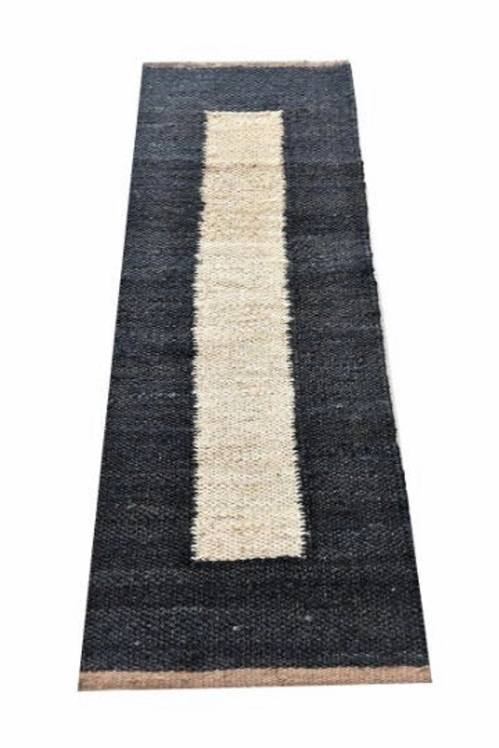 Handmade Black Geometric Jute Runner Rug for Modern Hallways