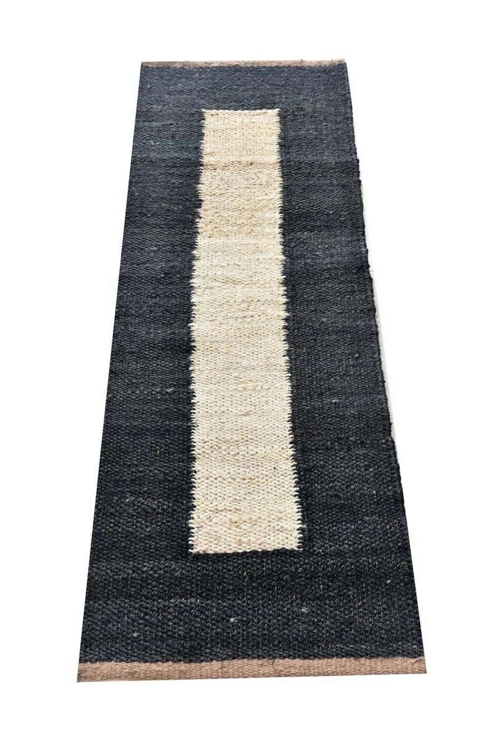 Handmade Black Geometric Jute Runner Rug for Modern Hallways