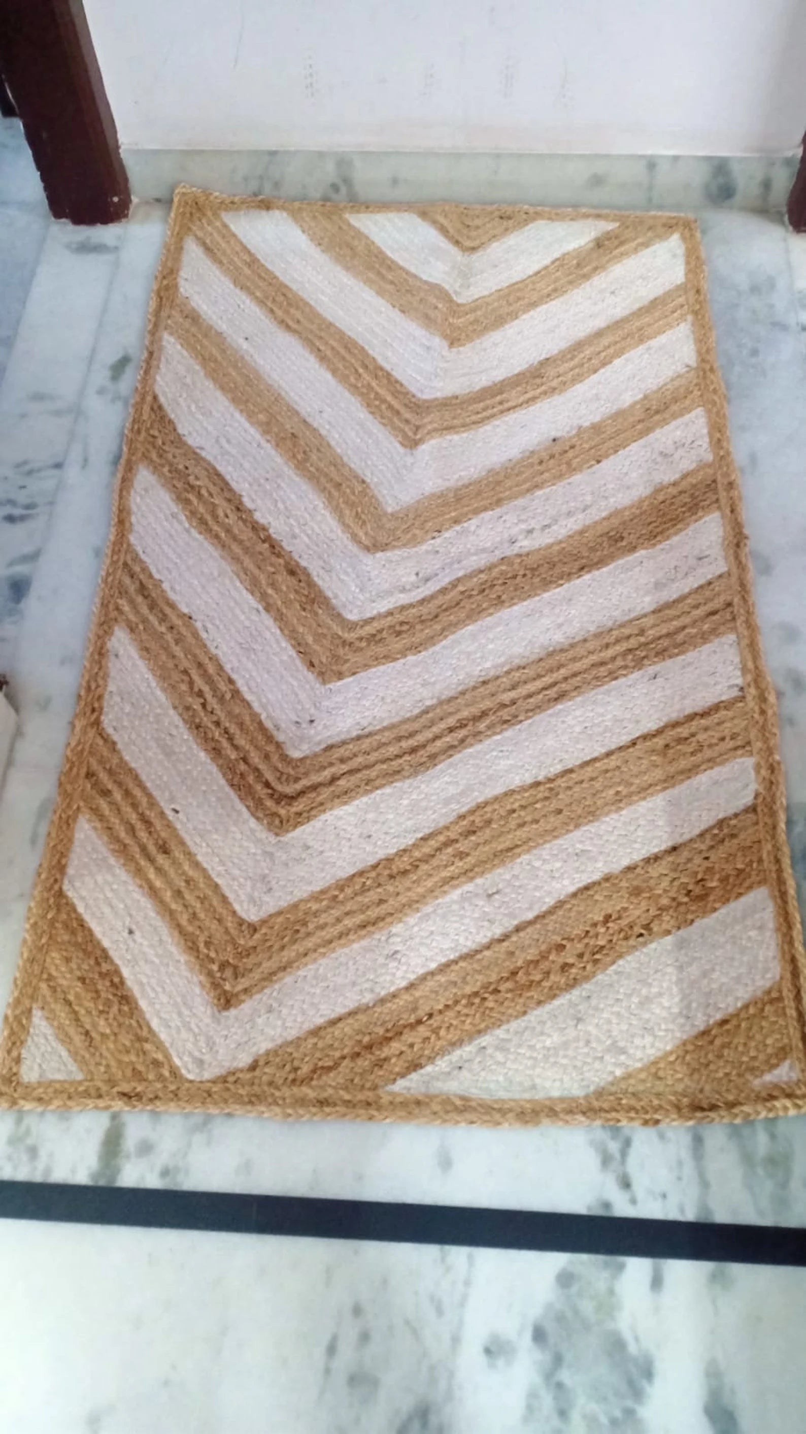 Handmade Jute Chevron Rug – Natural Bohemian Handwoven Area Carpet