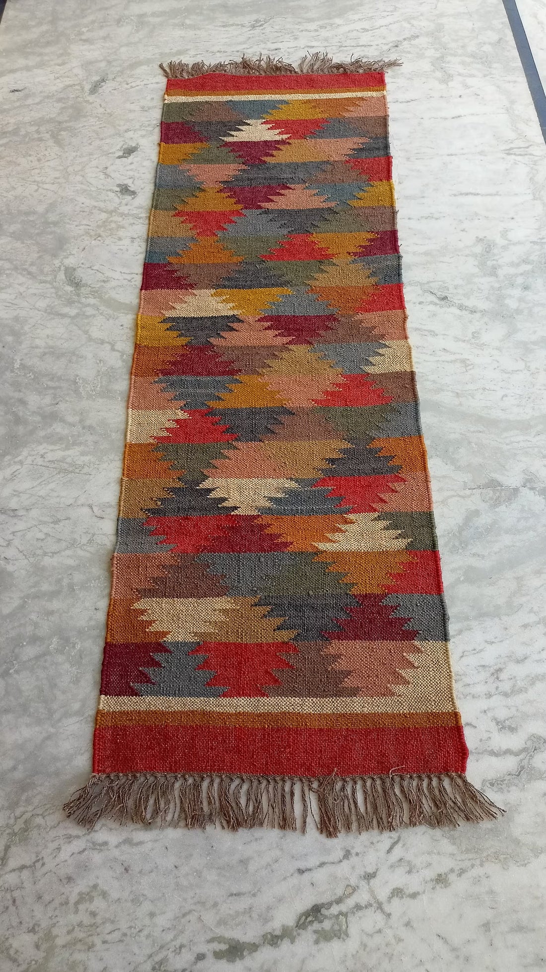 Handwoven Wool Jute Kilim Runner Rug with Classic Oriental Geometric Patterns