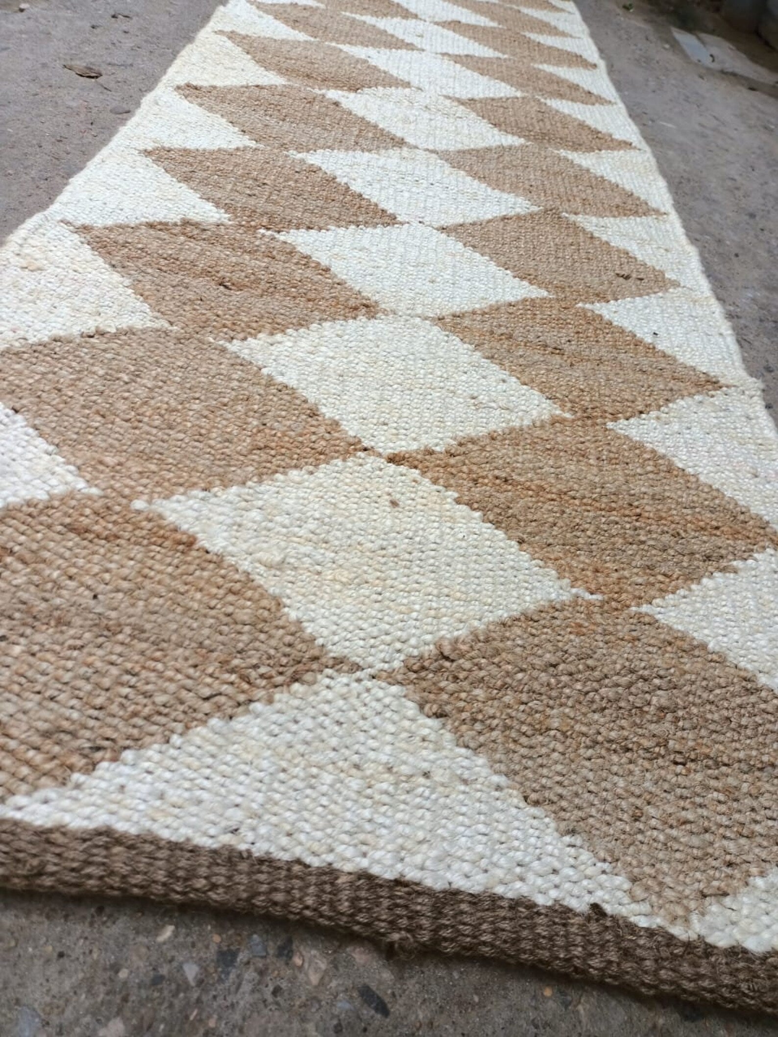 Natural White Hemp Jute Runner Rug – Handmade Diamond Pattern Hallway Rug
