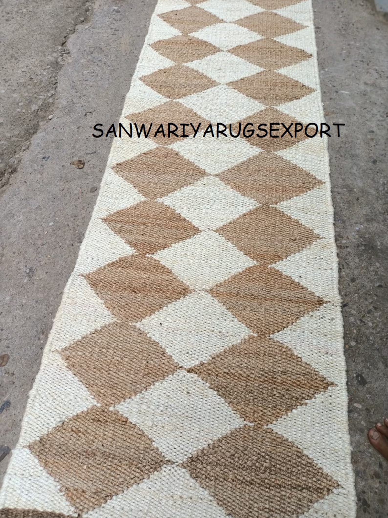 Natural White Hemp Jute Runner Rug – Handmade Diamond Pattern Hallway Rug