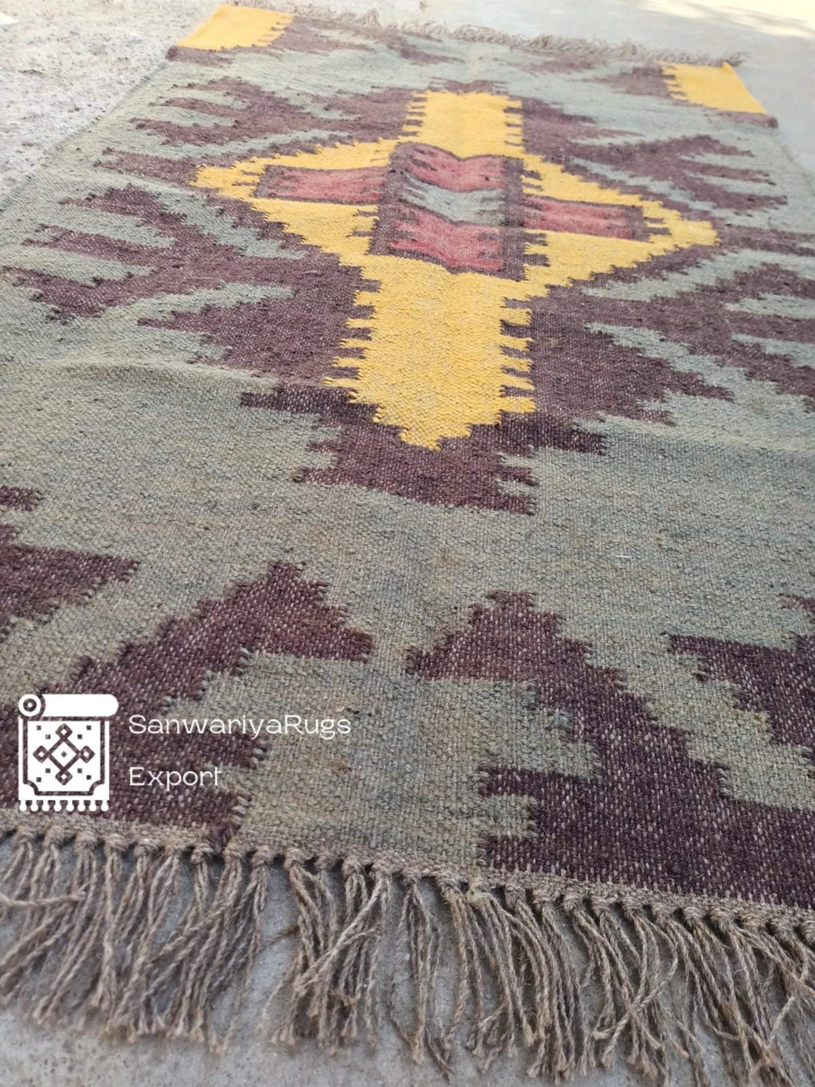 Handwoven Wool Jute Kilim Rug – Traditional Indian Dhurrie