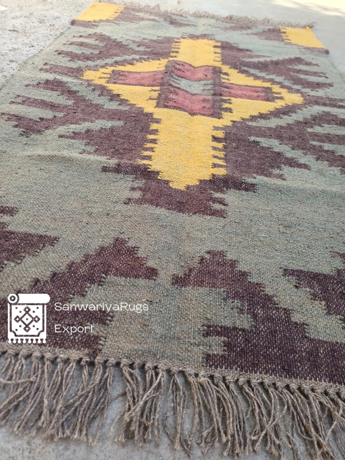 Handwoven Wool Jute Kilim Rug – Traditional Indian Dhurrie