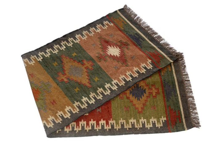 Kilim Rug Handwoven Wool and Jute Rug – Traditional Indian Flatweave Dhurrie