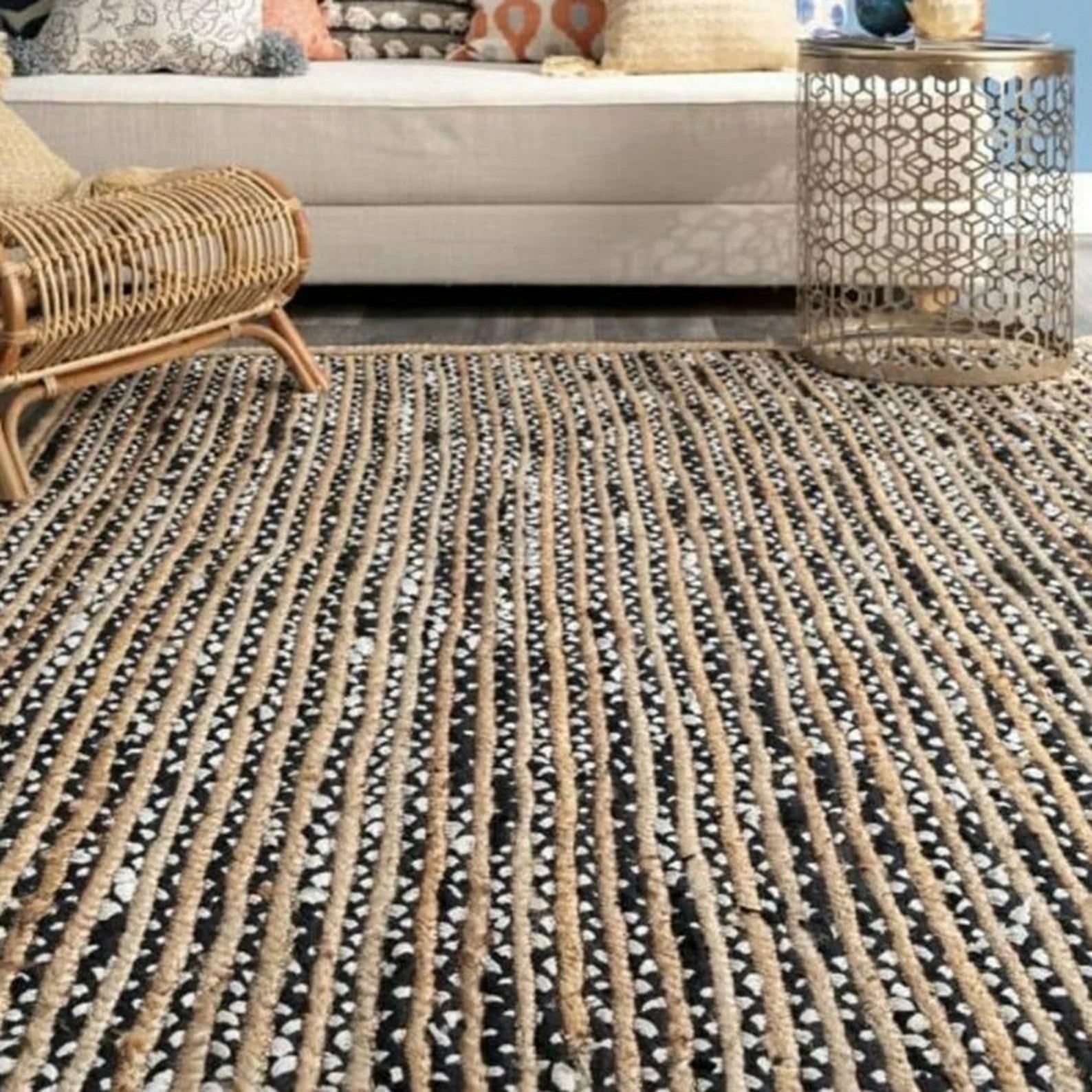 Braided Handmade Natural Jute Rug with Black Chindi Border – Eco-Friendly Vegan Rectangle Rug | Handwoven by Sanwariya Rugs Export