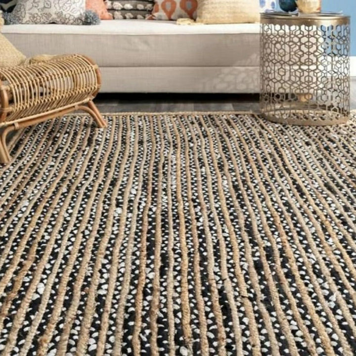 Braided Handmade Natural Jute Rug with Black Chindi Border – Eco-Friendly Vegan Rectangle Rug | Handwoven by Sanwariya Rugs Export