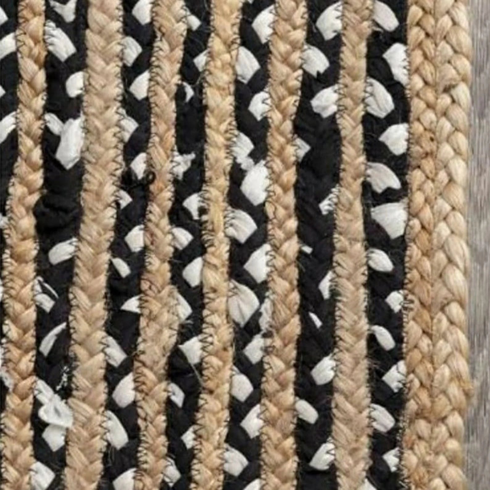 Braided Handmade Natural Jute Rug with Black Chindi Border – Eco-Friendly Vegan Rectangle Rug | Handwoven by Sanwariya Rugs Export