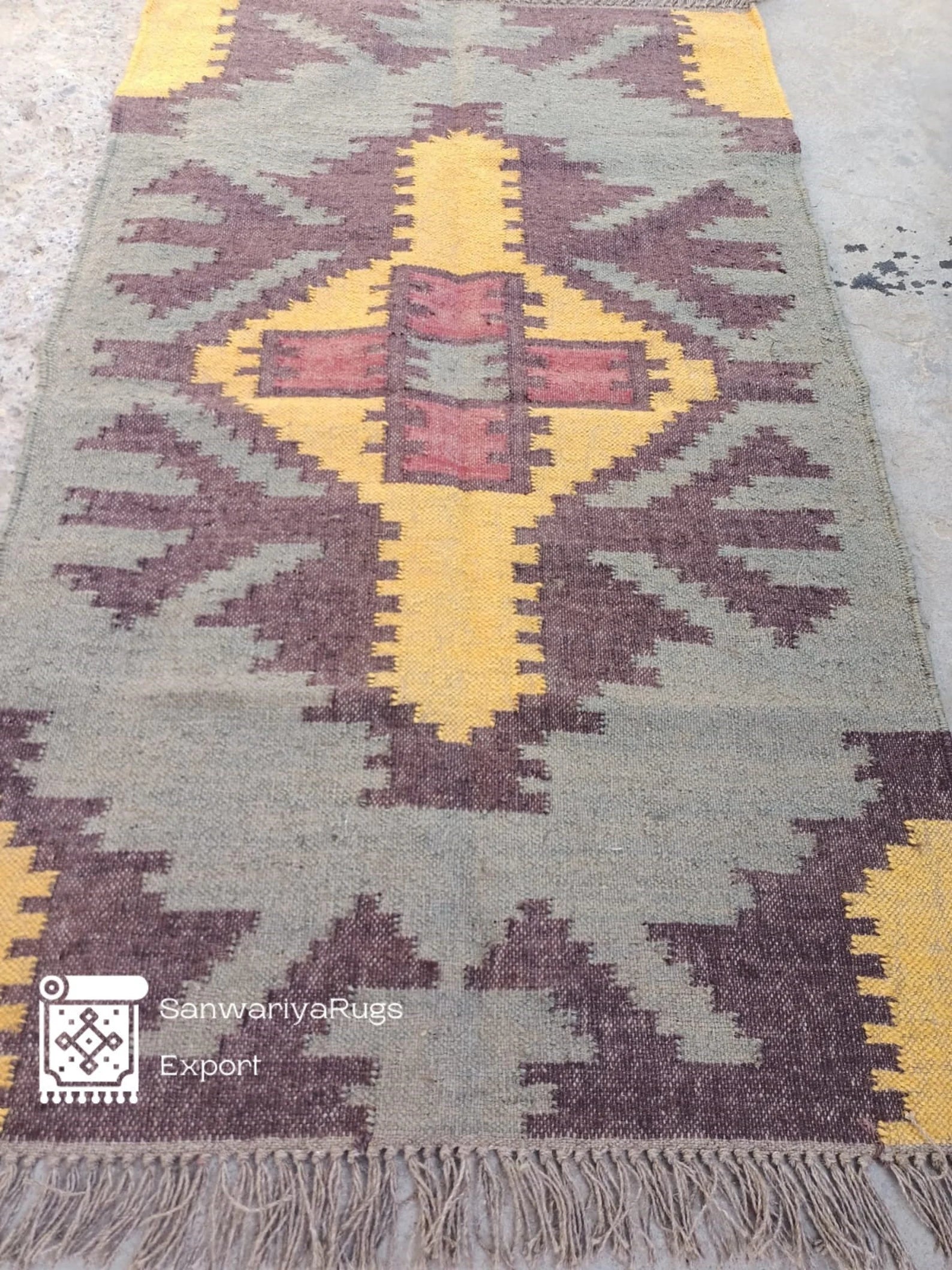 Handwoven Wool Jute Kilim Rug – Traditional Indian Dhurrie