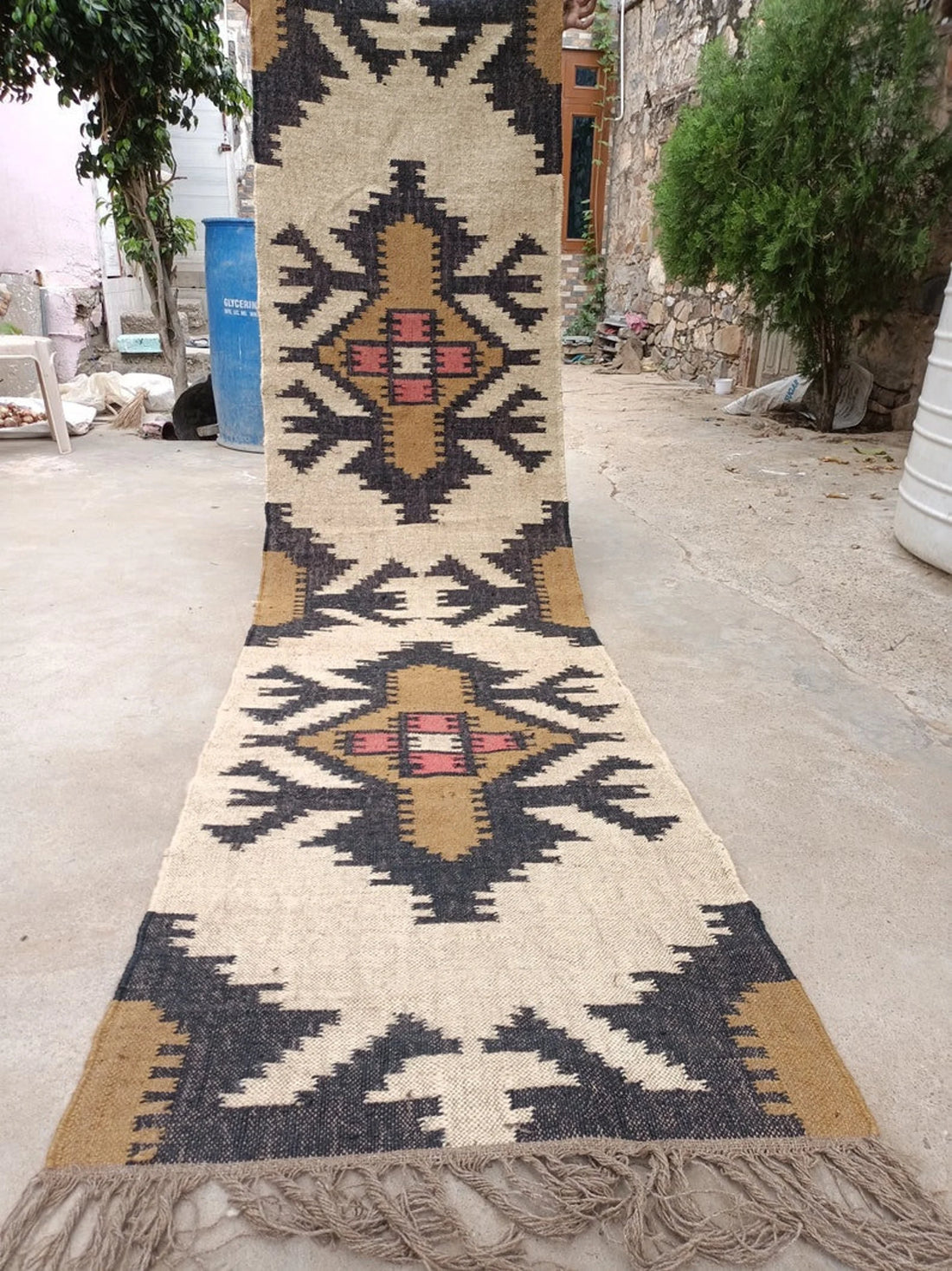 Handwoven Wool Jute Kilim Runner Rug with Traditional Geometric Motifs