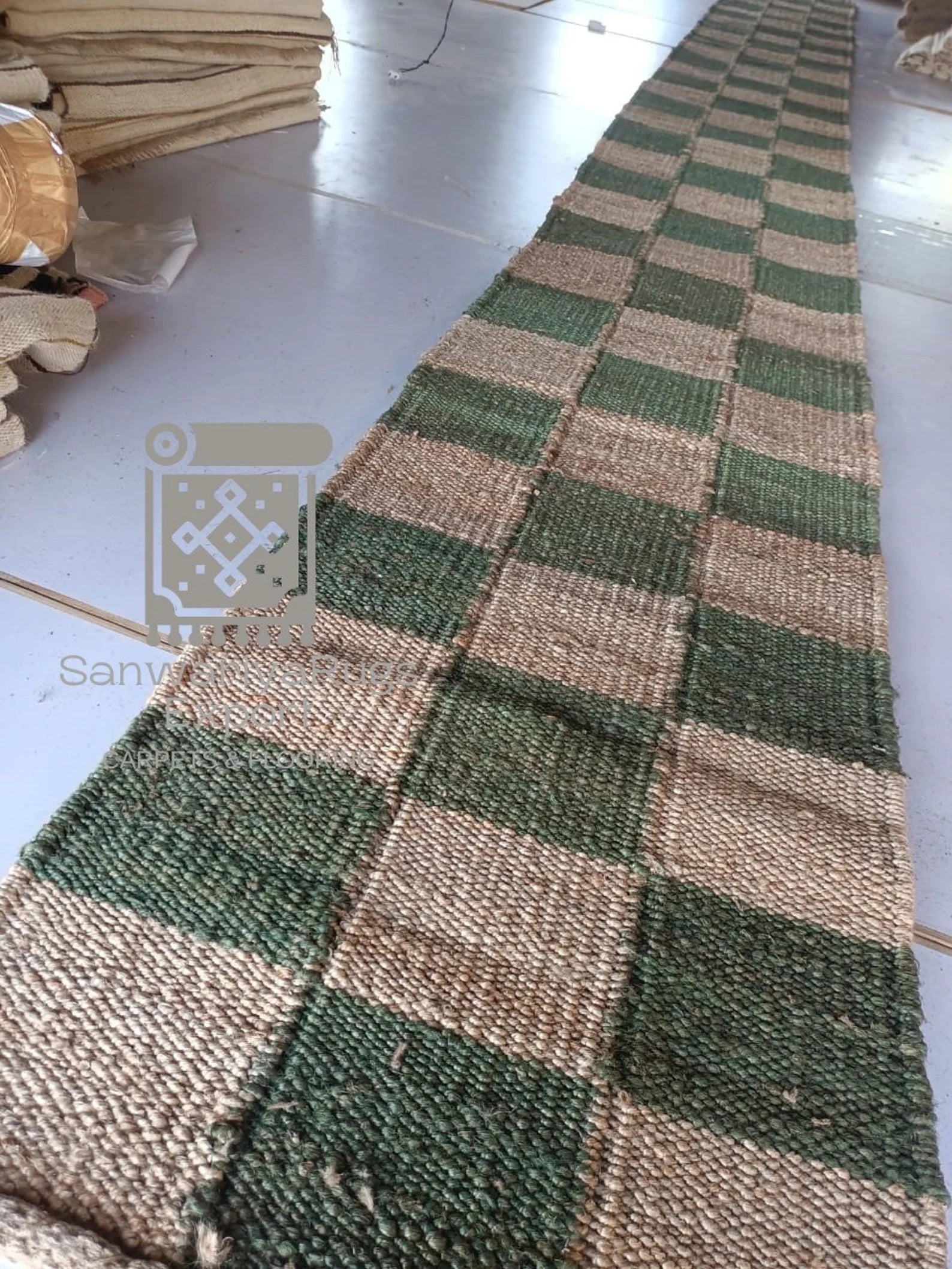 Handwoven Green Hemp Jute Runner Rug