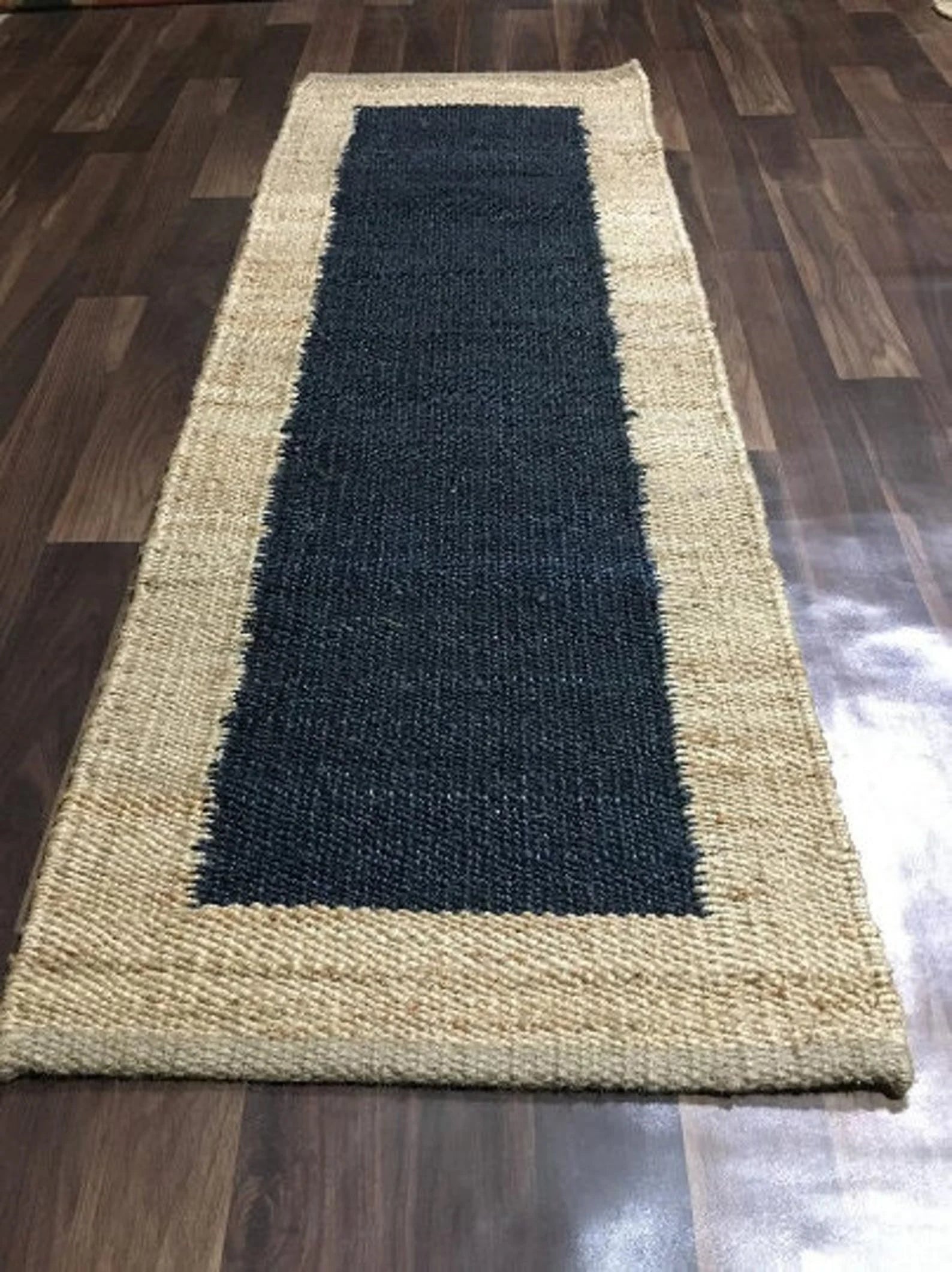Handmade Jute Runner Rug with Black Stripe Pattern