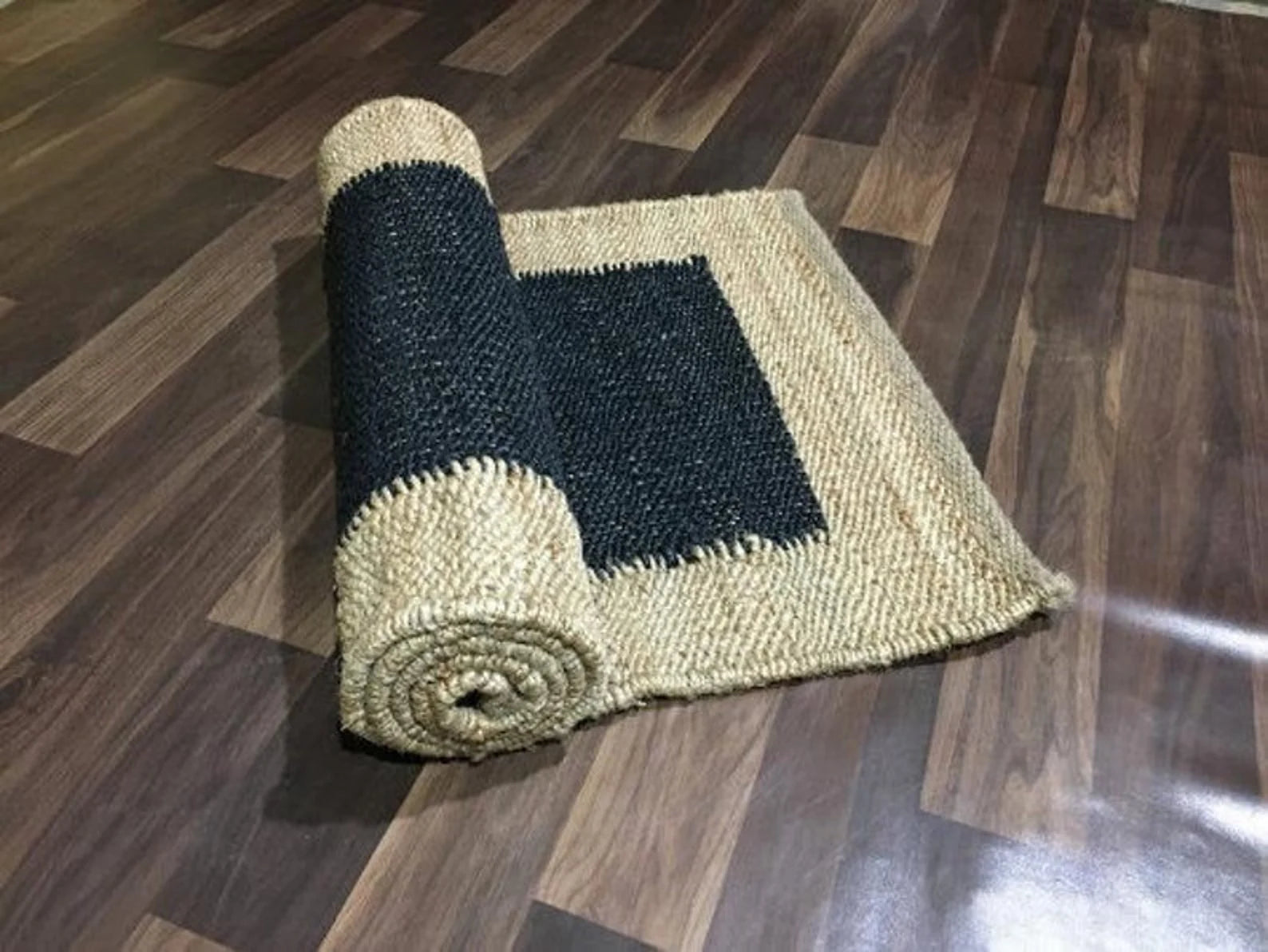 Handmade Jute Runner Rug with Black Stripe Pattern