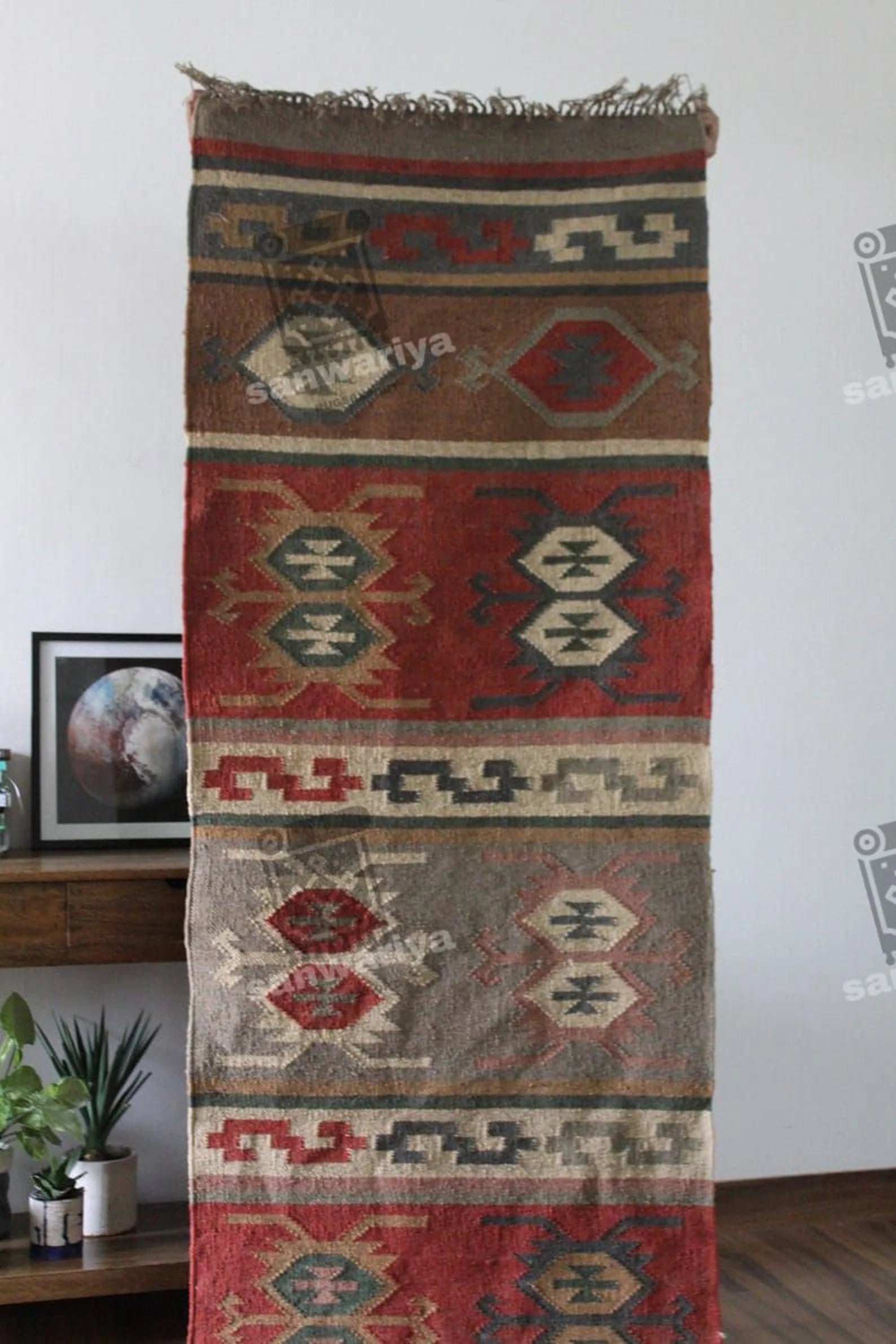 Handwoven Wool Jute Rug Handmade Kilim Dhurrie Rug, Motifs Oriental Runner