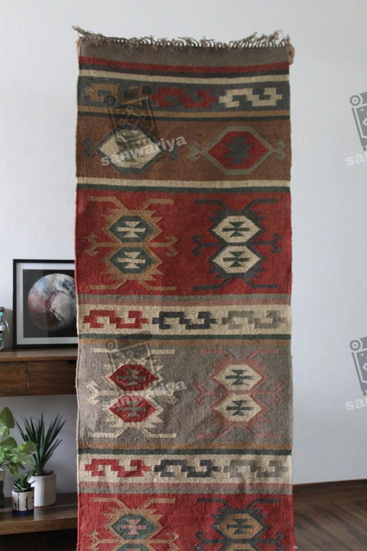 Handwoven Wool Jute Rug Handmade Kilim Dhurrie Rug, Motifs Oriental Runner