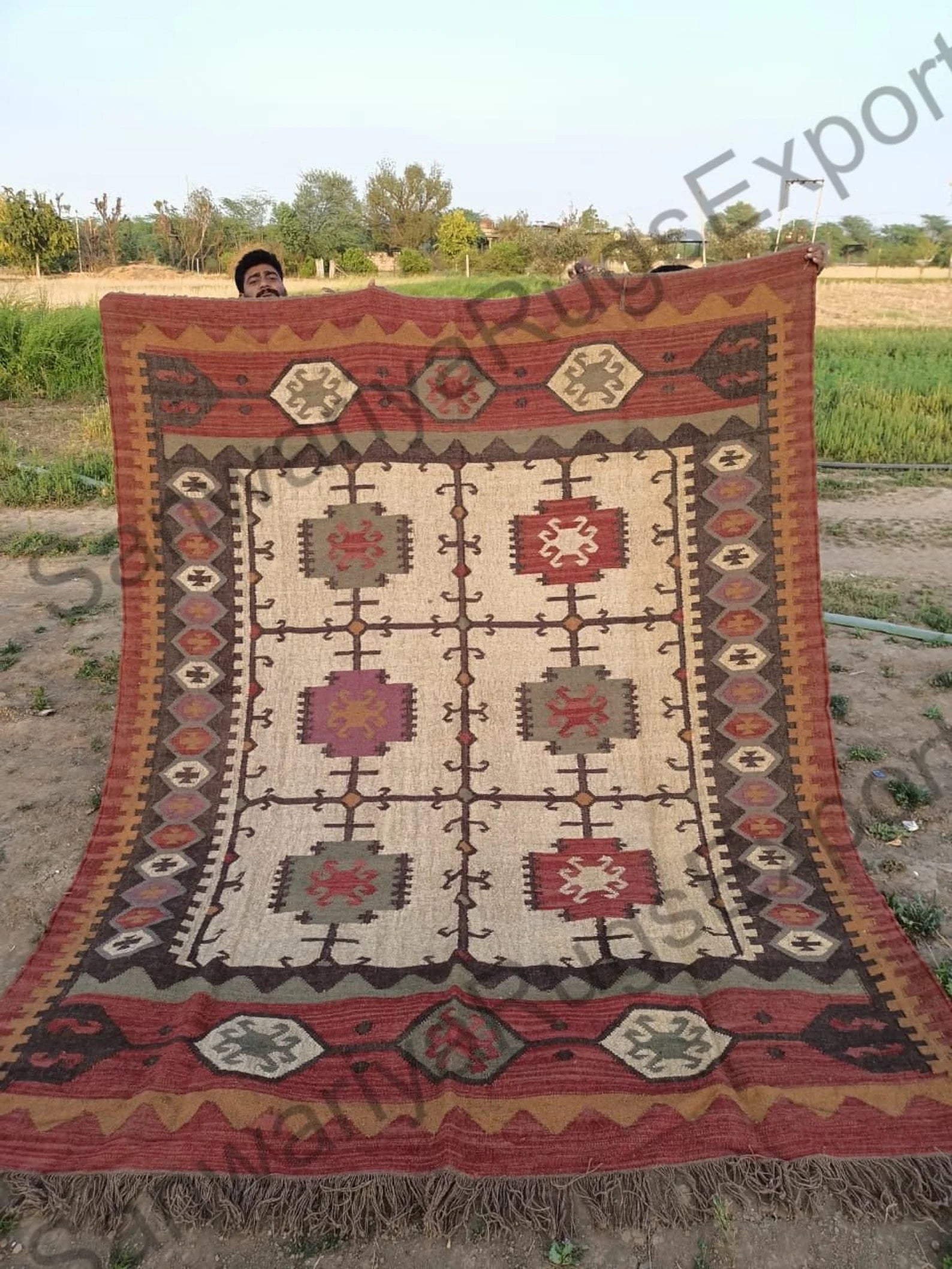 Large Handmade Wool Jute Rug – Navajo Kilim, Vintage Black Gold Flatweave Boho Dhurrie