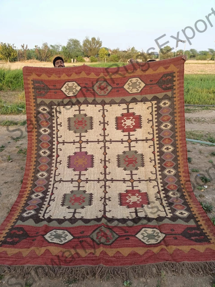 Large Handmade Wool Jute Rug – Navajo Kilim, Vintage Black Gold Flatweave Boho Dhurrie