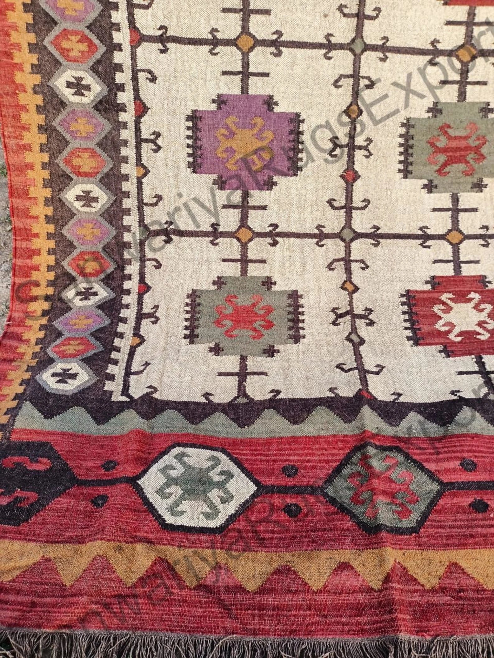 Large Handmade Wool Jute Rug – Navajo Kilim, Vintage Black Gold Flatweave Boho Dhurrie