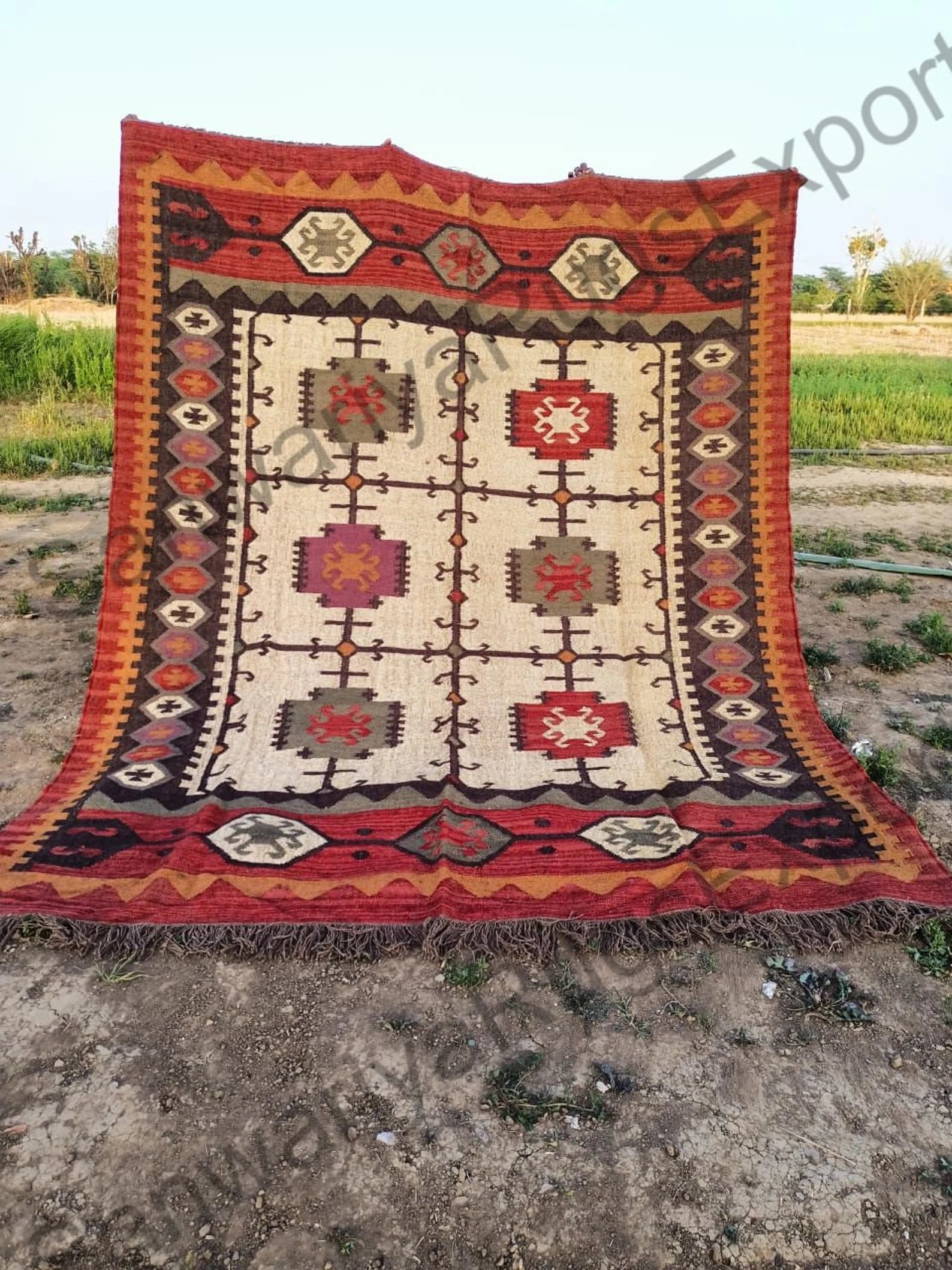 Large Handmade Wool Jute Rug – Navajo Kilim, Vintage Black Gold Flatweave Boho Dhurrie