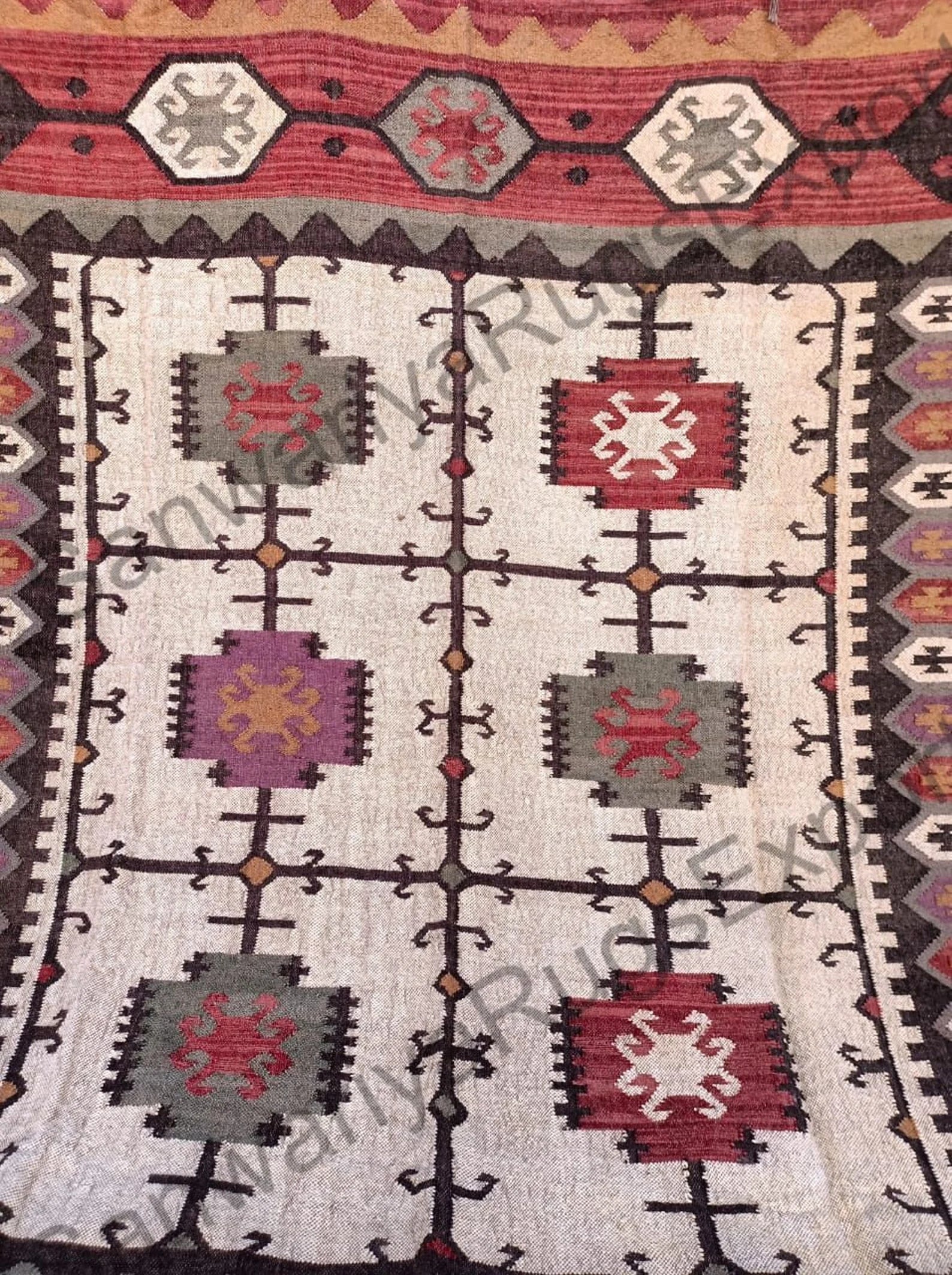 Large Handmade Wool Jute Rug – Navajo Kilim, Vintage Black Gold Flatweave Boho Dhurrie