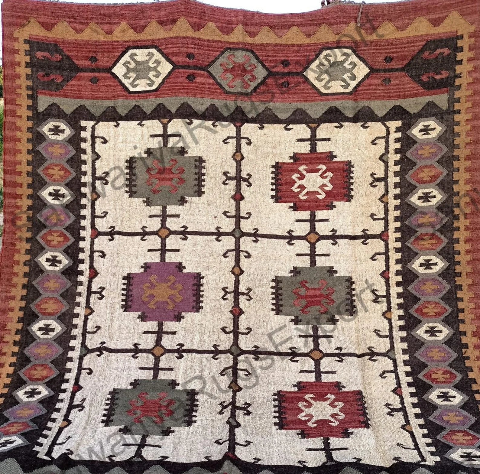 Large Handmade Wool Jute Rug – Navajo Kilim, Vintage Black Gold Flatweave Boho Dhurrie