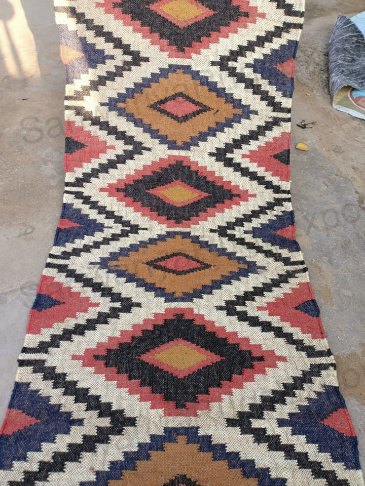Handwoven Embroidered Wool Jute Kilim Runner with Tribal Red Geometric Motifs