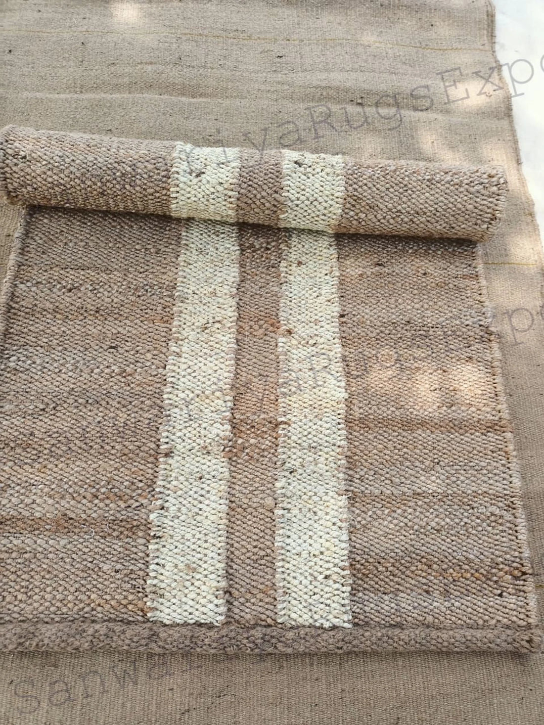 Natural Jute Aisle Runner Rug with Off White Line Pattern