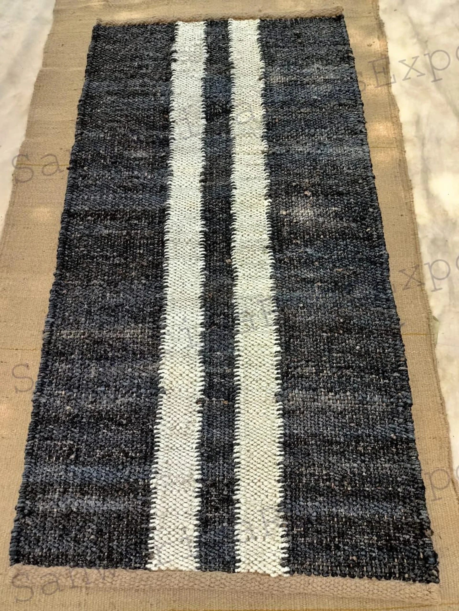 Natural Stair Runner – Handmade Hemp Jute Runner with Off White Line Pattern