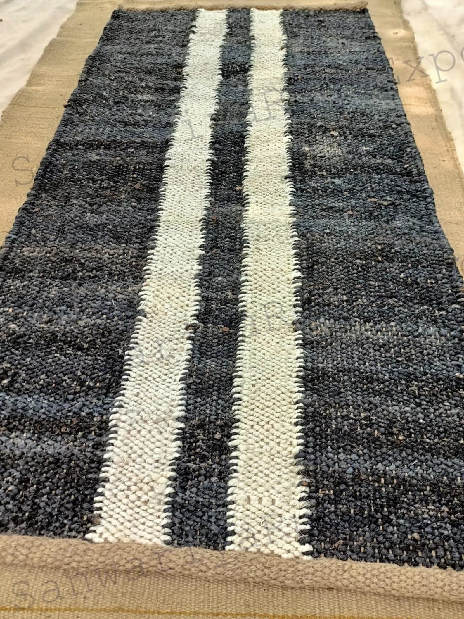 Natural Stair Runner – Handmade Hemp Jute Runner with Off White Line Pattern