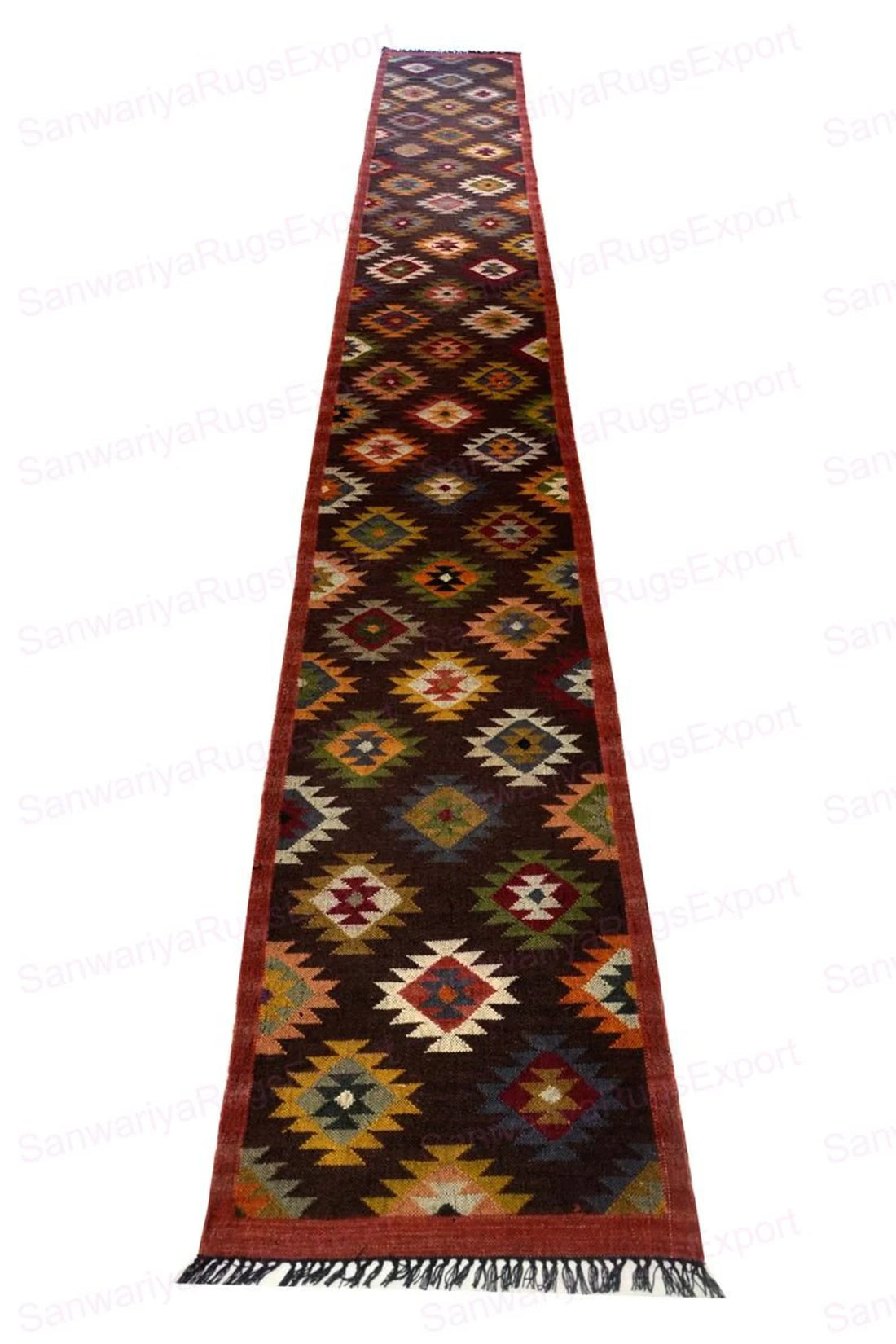Kilim Wool Jute Runner Rug with Classic Geometric Pattern Weave for Hallways and Living Spaces