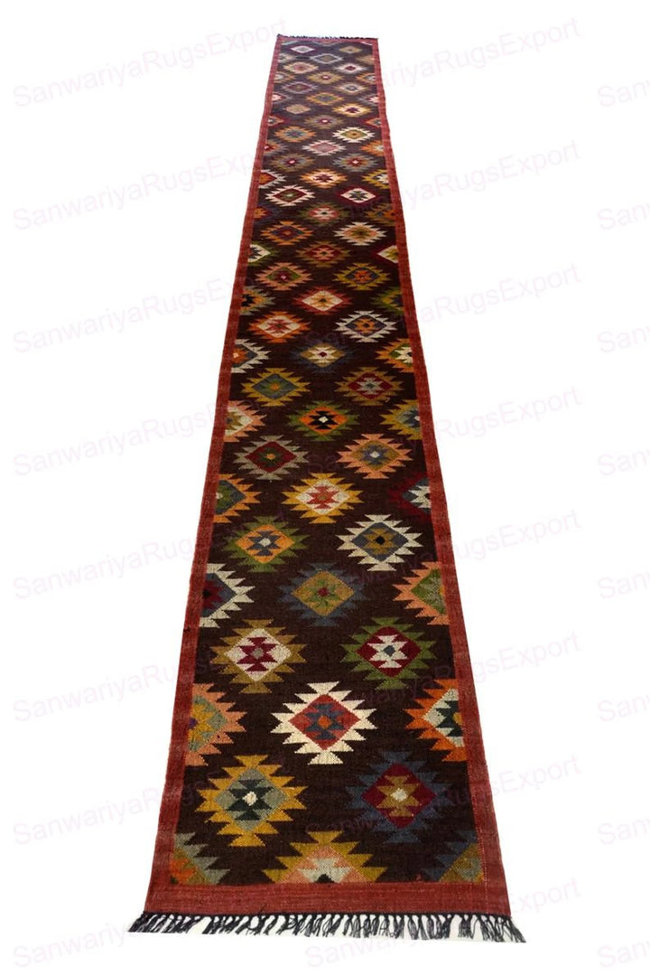 Kilim Wool Jute Runner Rug with Classic Geometric Pattern Weave for Hallways and Living Spaces