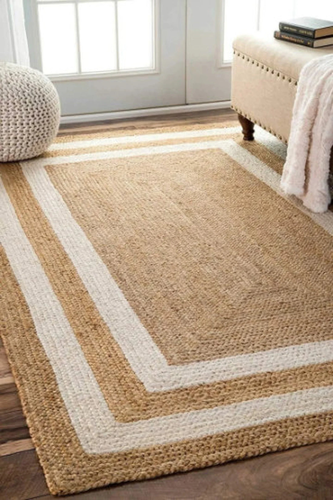 Natural Jute Braided Rug with Black & White Border | Handmade Eco-Friendly Area Rug | Custom Size Indoor & Outdoor Rug by Sanwariya Rugs Export