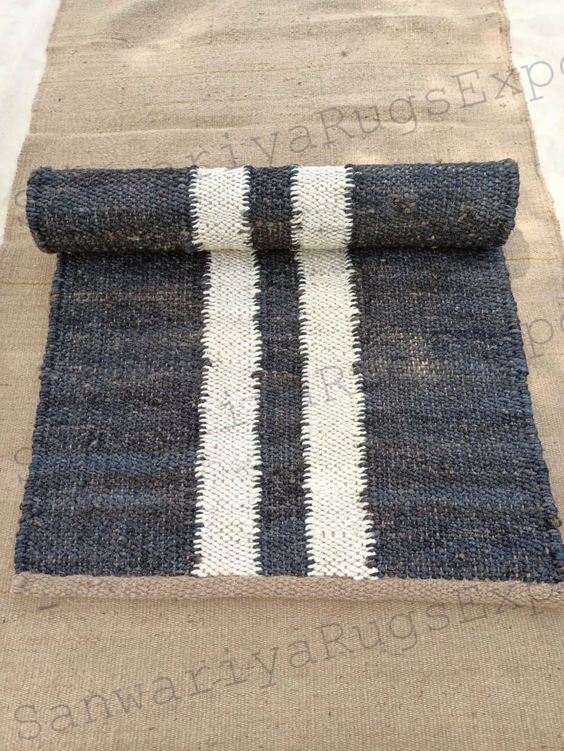 Natural Stair Runner – Handmade Hemp Jute Runner with Off White Line Pattern
