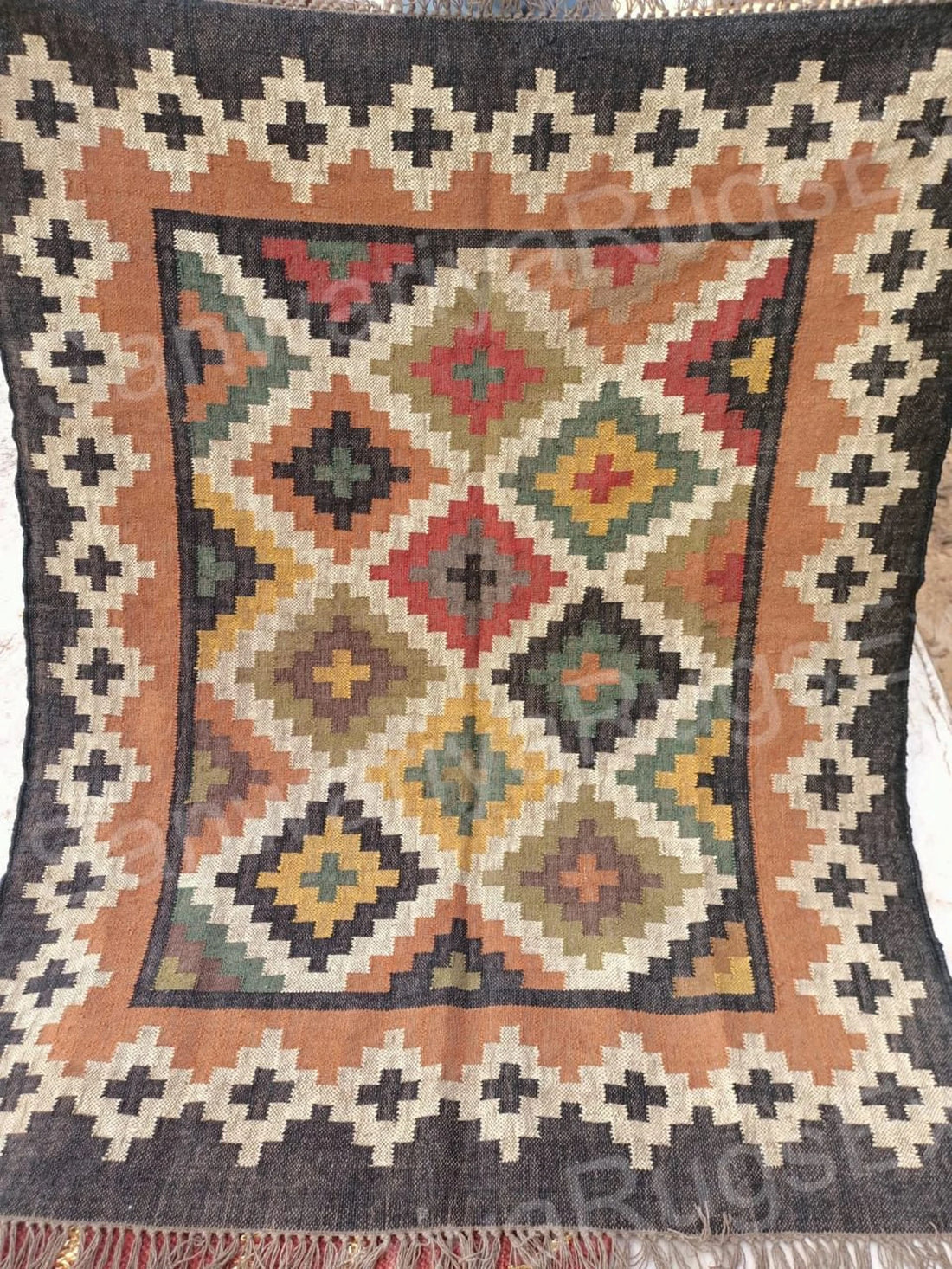 Handwoven Wool Jute Kilim Rug | Traditional Flatweave Indian Dhurrie