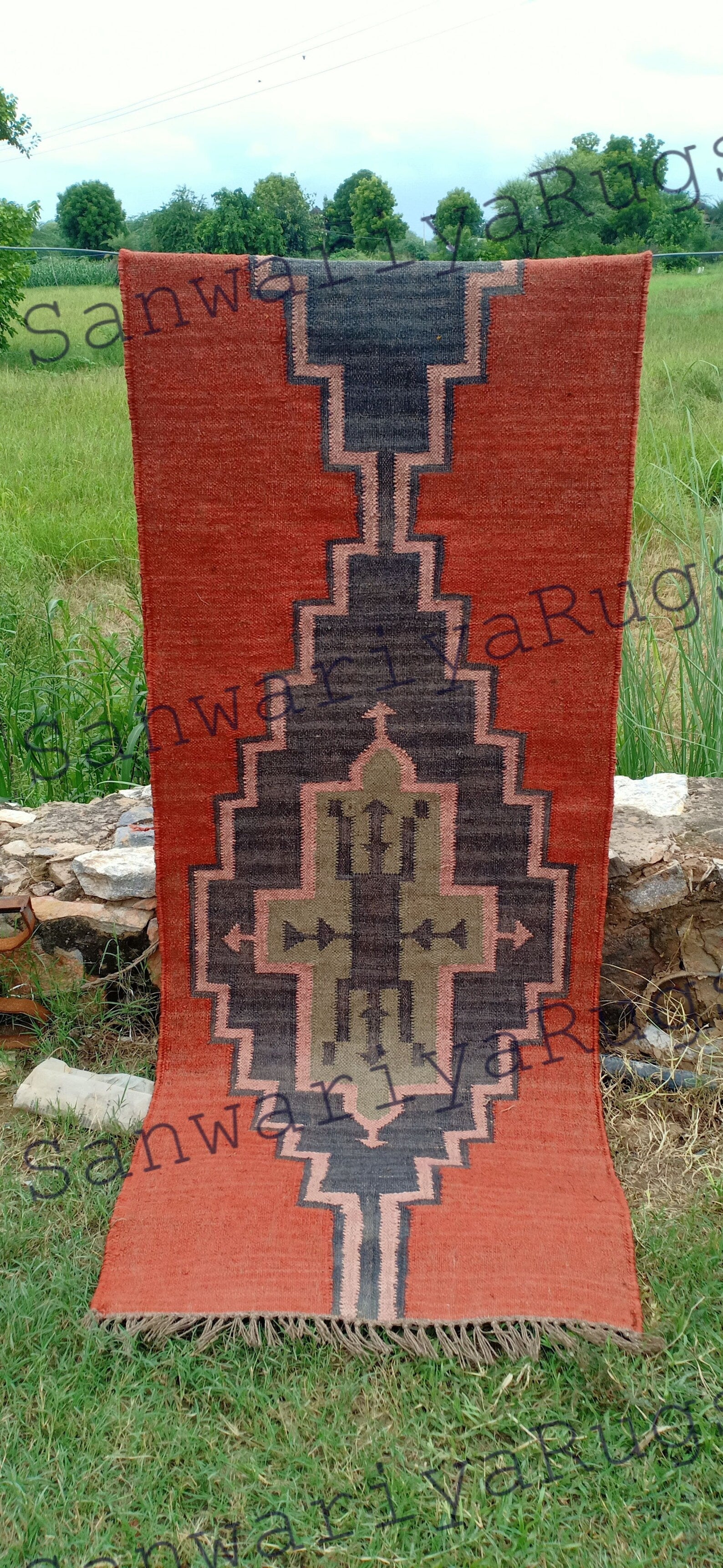 Handwoven Red Wool Jute Kilim Runner Rug with Traditional Geometric Motifs