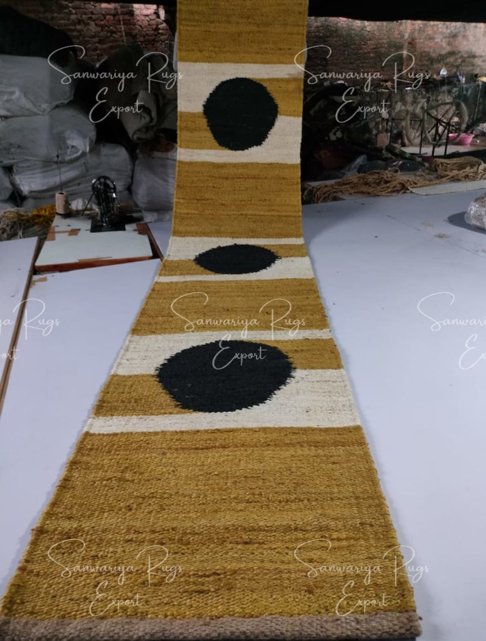 Handmade Yellow Black Dot Jute Runner Rug
