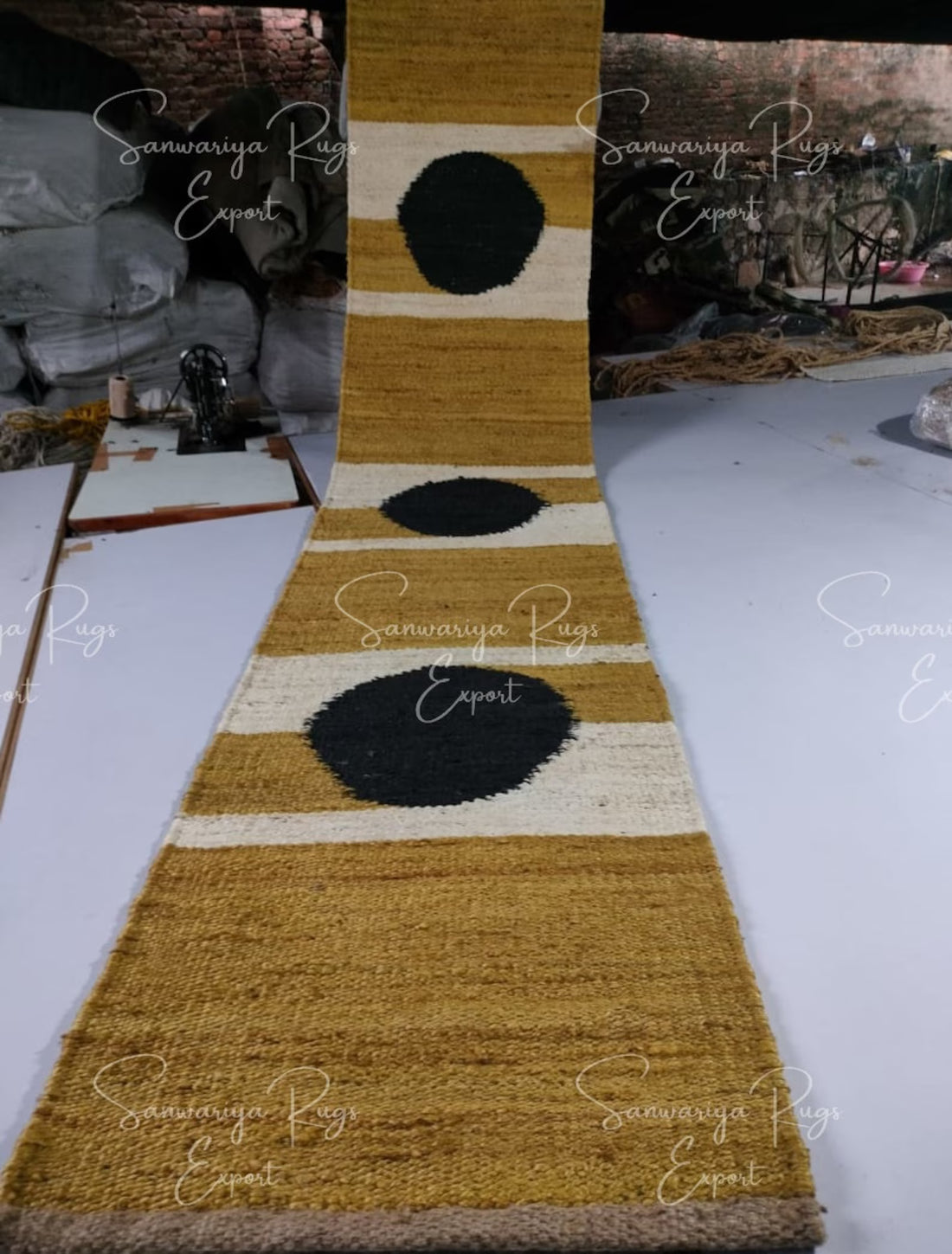 Handmade Yellow Black Dot Jute Runner Rug