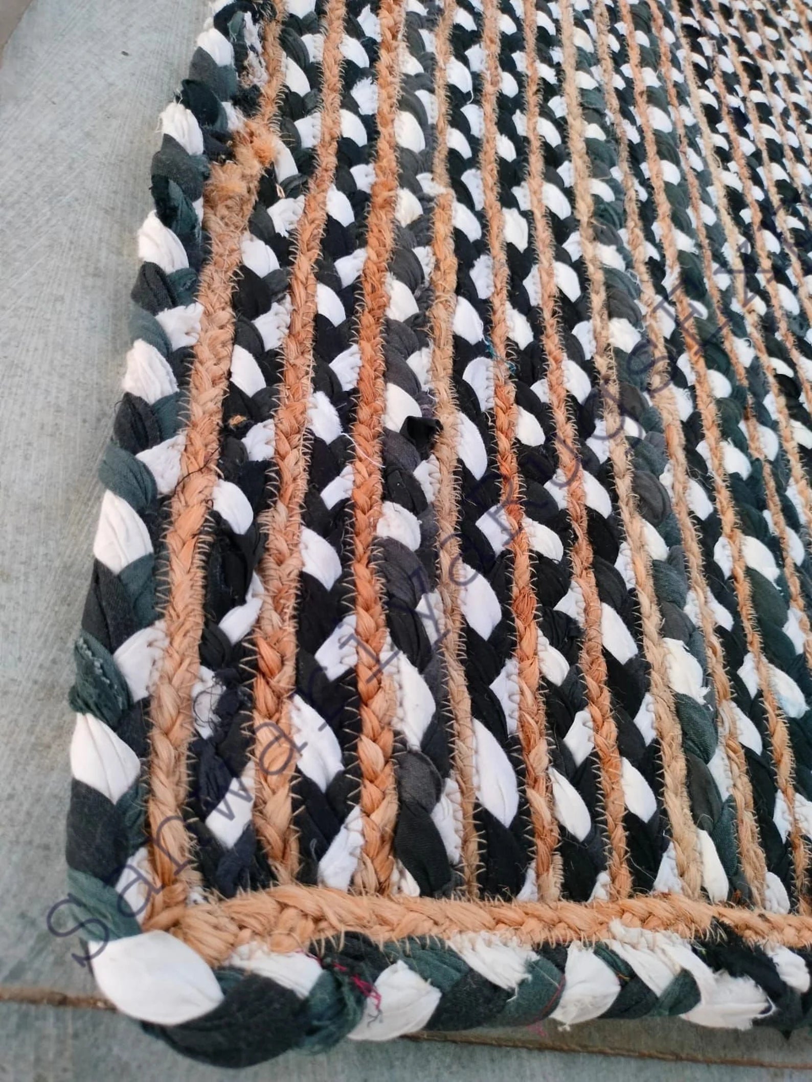 Braided Handmade Natural Jute Rug with Black Chindi Border – Eco-Friendly Vegan Rectangle Rug | Handwoven by Sanwariya Rugs Export